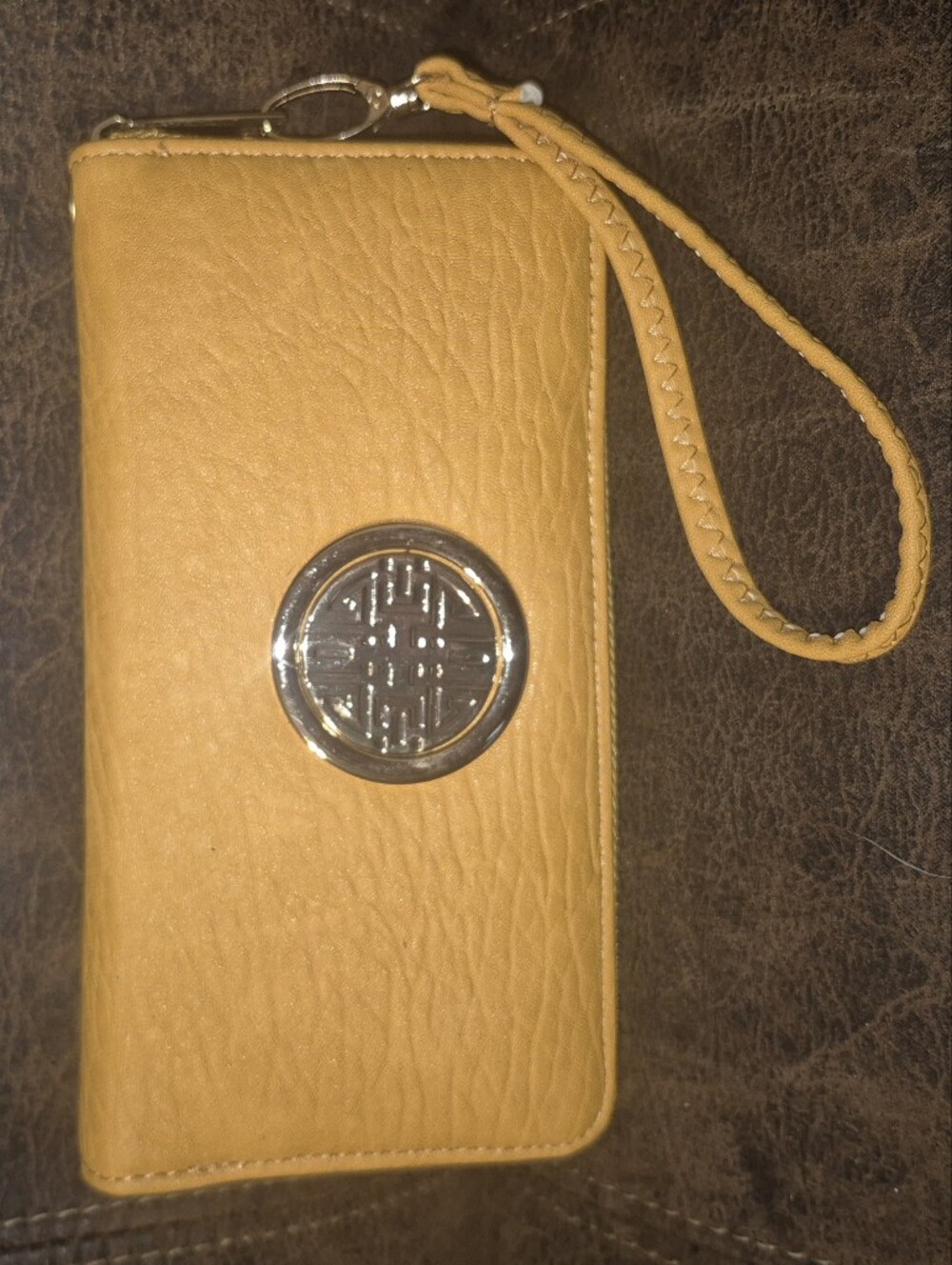 Yellow Leather Wristlet Wallet with Silver Medallion